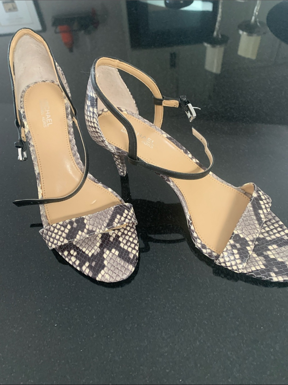 Michael Kors Snake-Print Strappy Heels in Beige and Black